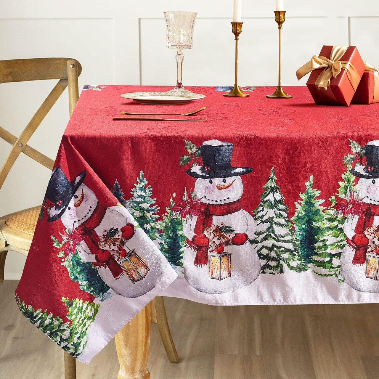 Rectangle Christmas Tablecloth 60x84 Inch Snowman Table Cloth, Christmas Red Jacquard Damask Fabric Tablecloths for Holiday Decoration and Winter Snowflake Patterns